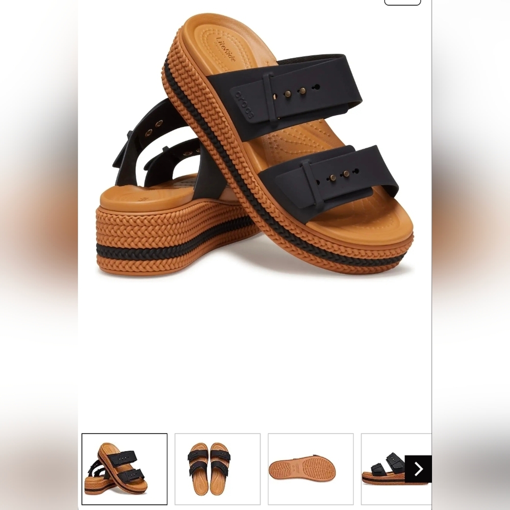 New Crocs Women's Brooklyn Buckle Low Wedge Black and Tan Platform Sandal Sz 6